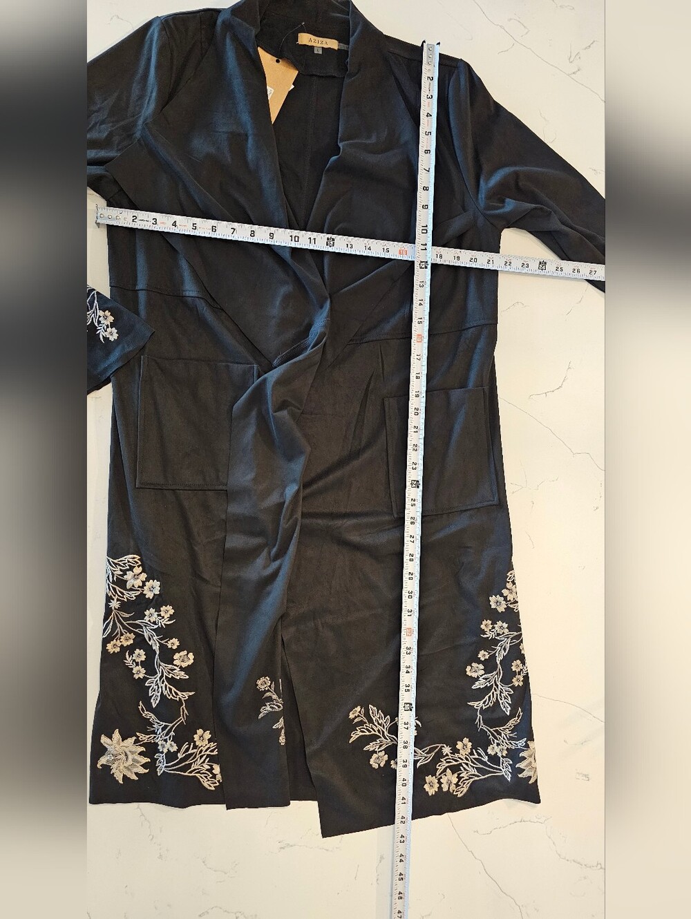 Aziza Black Embroidered Suede Duster Waterfall Jacket Women's Large & X-Large - Picture 8 of 13
